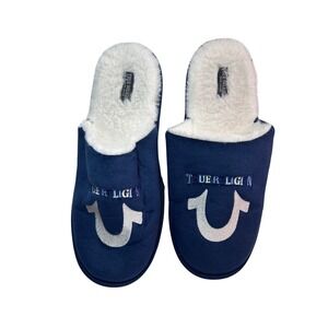 True Religion Mens Slippers Slides Navy Blue Logo Plush Indoor Shoes Size XL 13
